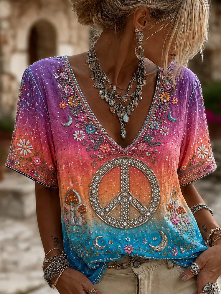 Women's Vintage Hippie Peace Sign V Neck Blouse95% Cotton-5% Nylon