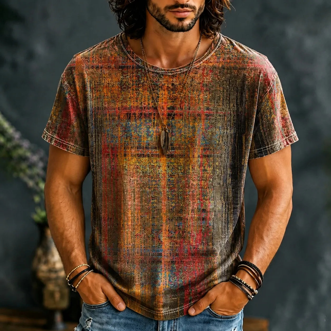 Men's Hippie Vintage Distressed Plaid Texture Print Short Sleeve T-shirt