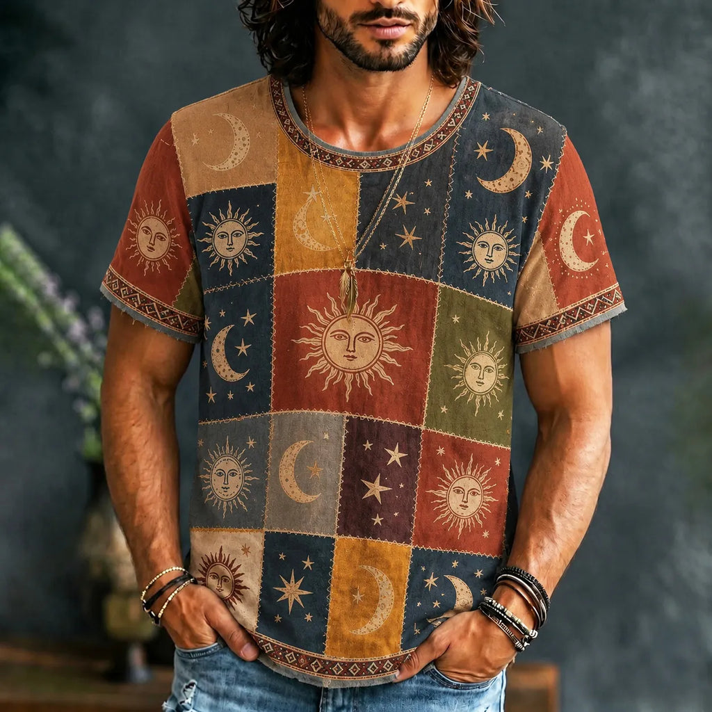 Men's Hippie Sun Moon Geometric Patchwork Print Short Sleeve T-shirt