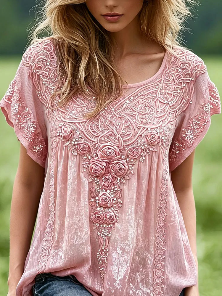 Women's Vintage Floral Celtic Art Flowy Linen Blend Casual Tops
