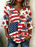 Women's Flag and Floral Print Cotton-Linen Top