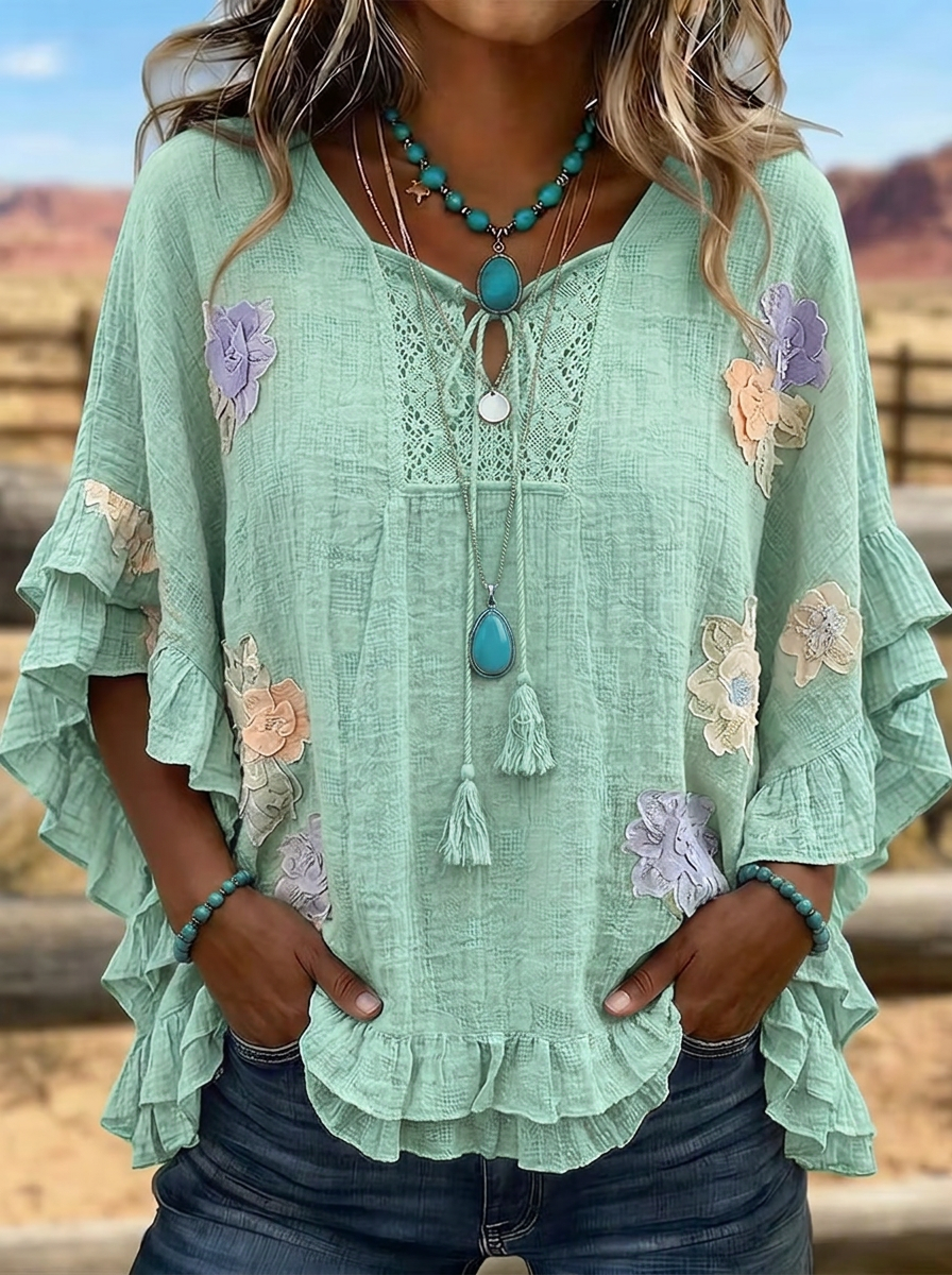 Women's Western Vintage Floral Embroidered Ruffle Sleeve Top