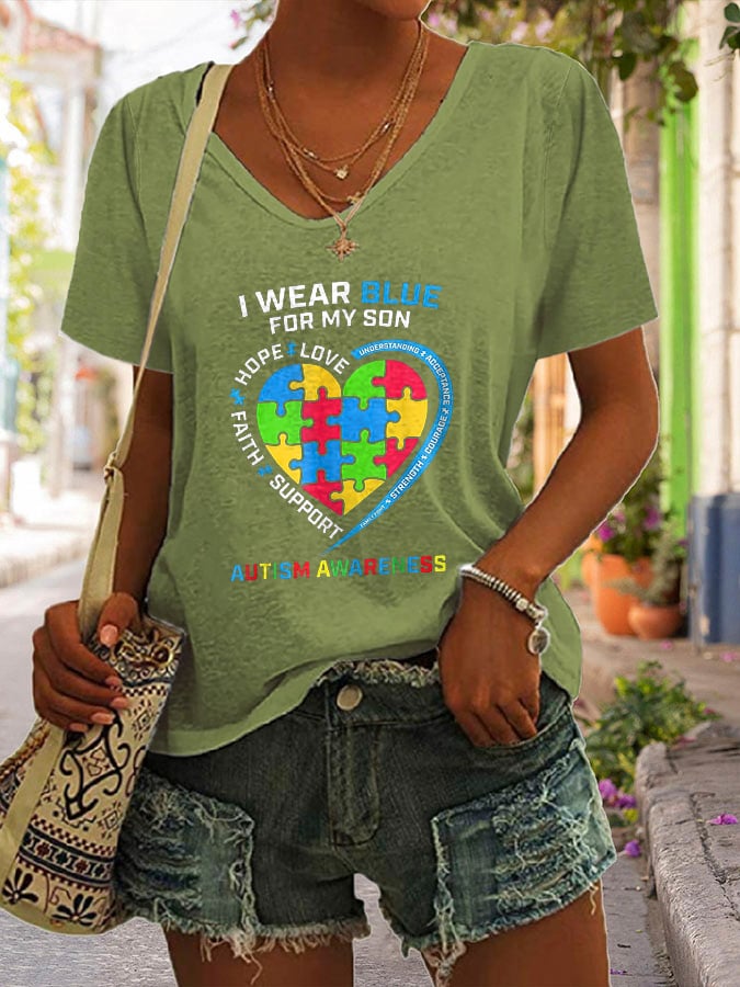 V-neck Autism Awareness I Wear Blue For My Son Print T-Shirt