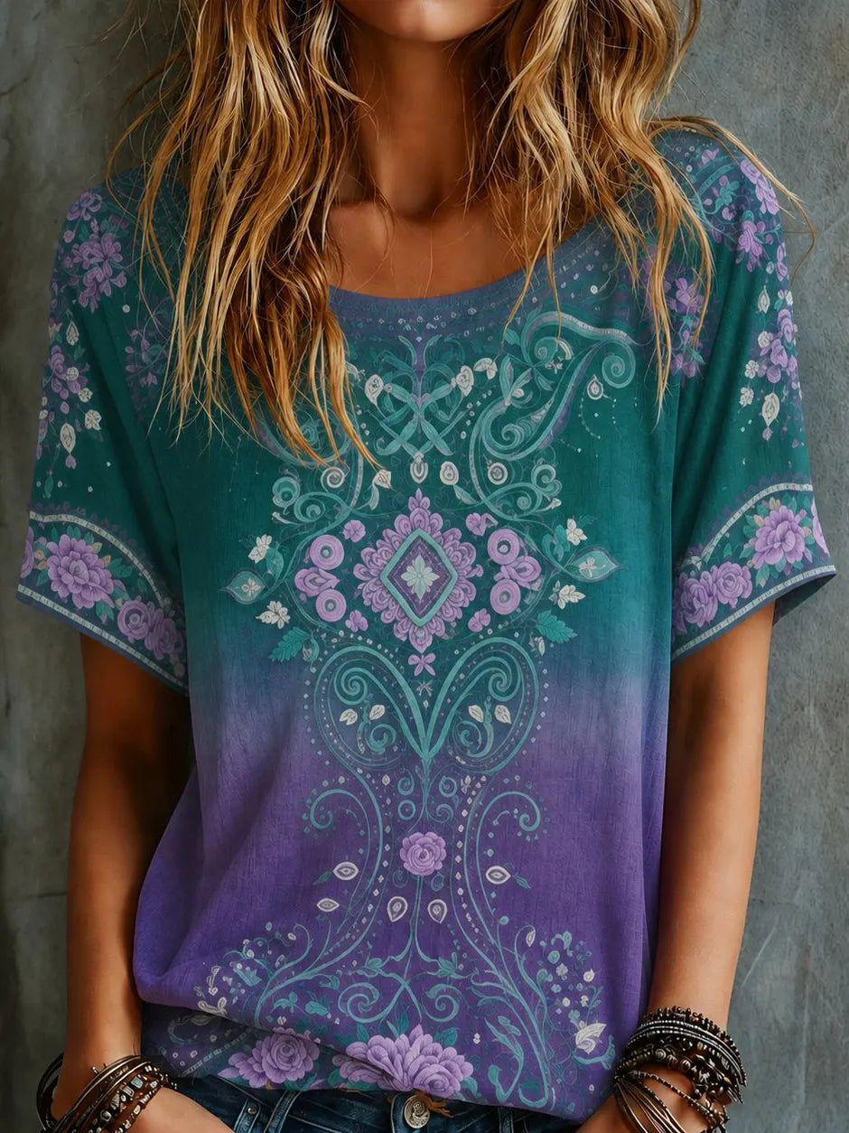 Women's Vintage Floral Embroidery Art Crew Neck Short Sleeve T-shirt