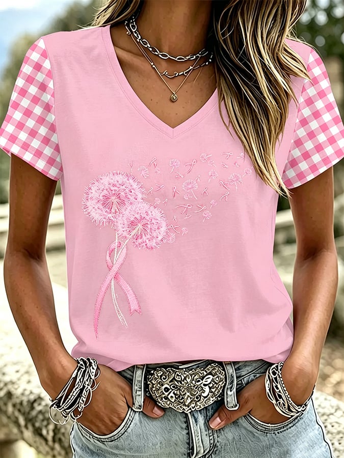 Women's Retro Breast Cancer Floral Print Top
