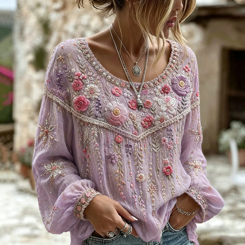 Women's Retro Floral Art Embroidered Linen Blend Round Neck Long Sleeve Tops