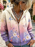 Women's Full-zip Hoodie With Pastel Gradient, Celestial Sun, Moon, Butterflies, And Wildflowers Print