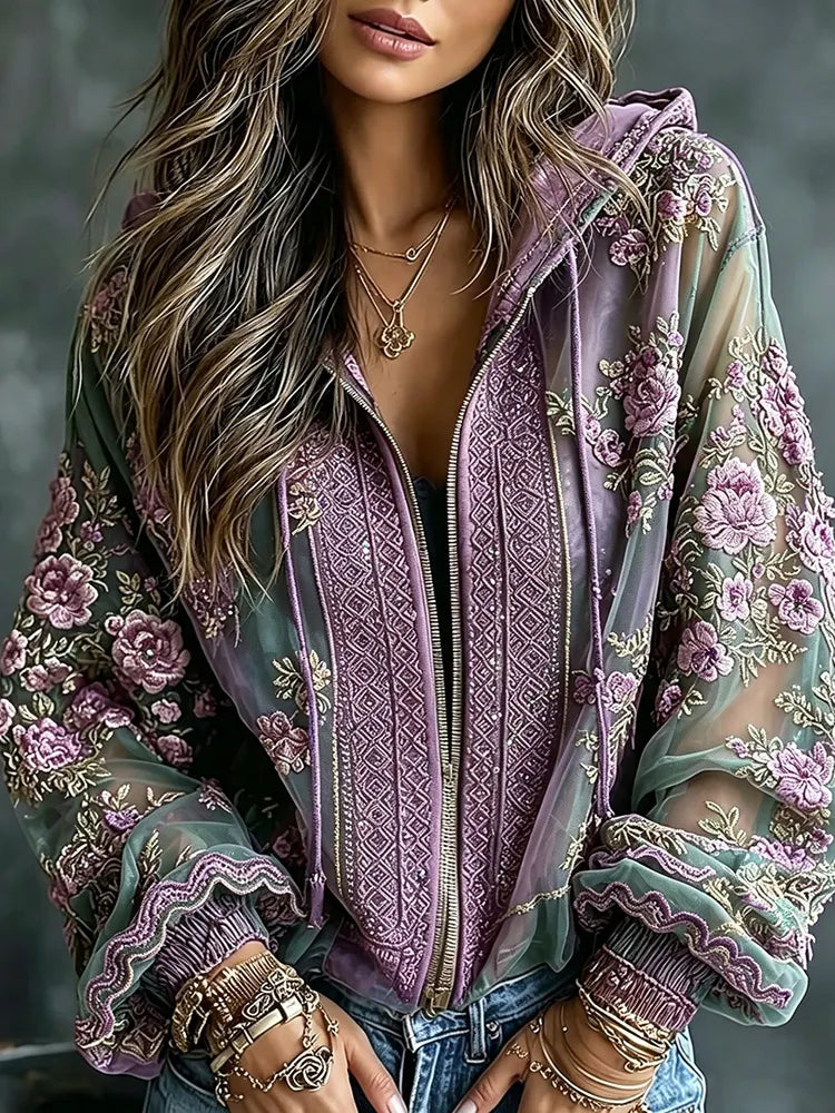 Women's Autumn And Winter Vintage Classy Purple Floral Art Flowy Linen Blend T-shirt