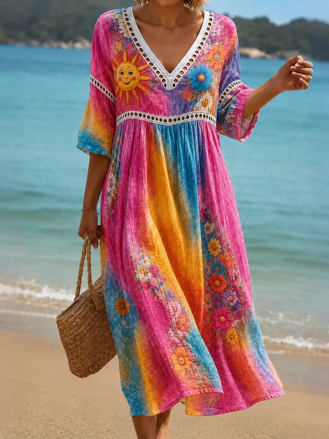 Women's Vintage Hippie Floral Art Print V Neck Midi Dress