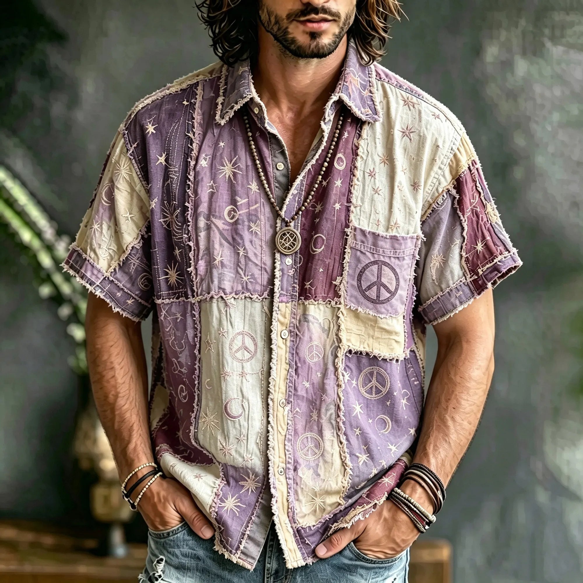 Men's Vintage Hippie Multicolor Patchwork Linen Blend Short Sleeve Shirt