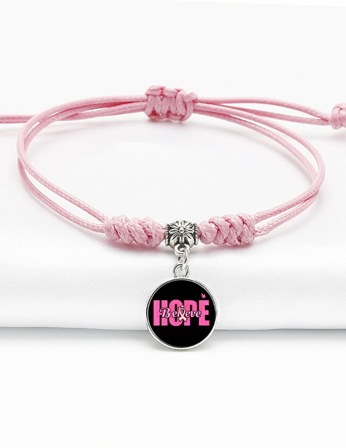 Pink Ribbon Breast Cancer Awareness Warrior Adjustable Braided Bracelet