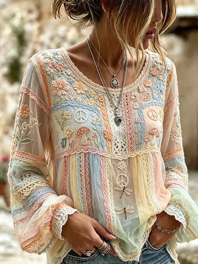 Women's Vintage Floral And Dragonfly Art Patchwork Cotton Linen Casual Long-sleeved Top