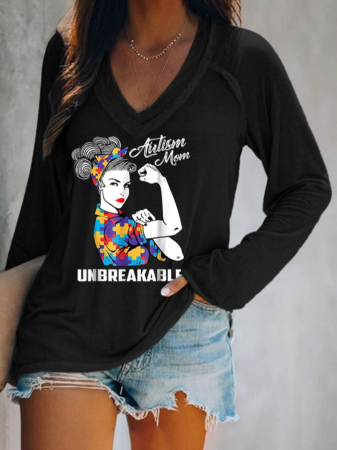 Women'S Autism Mom Unbreakable V Neck Sleeve T-Shirt