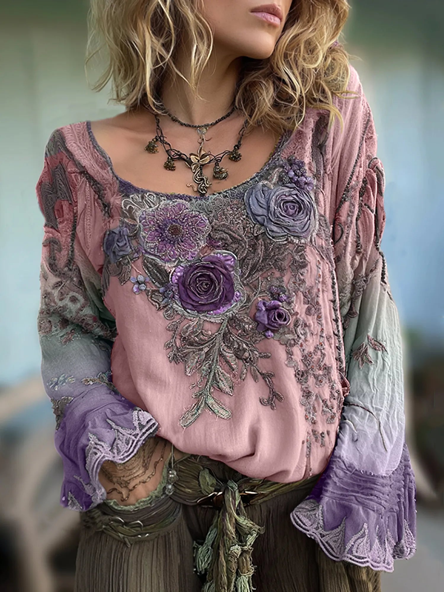 Vintage Purple Lavender And Floral Embroidered Linen Long Sleeve Shirt
