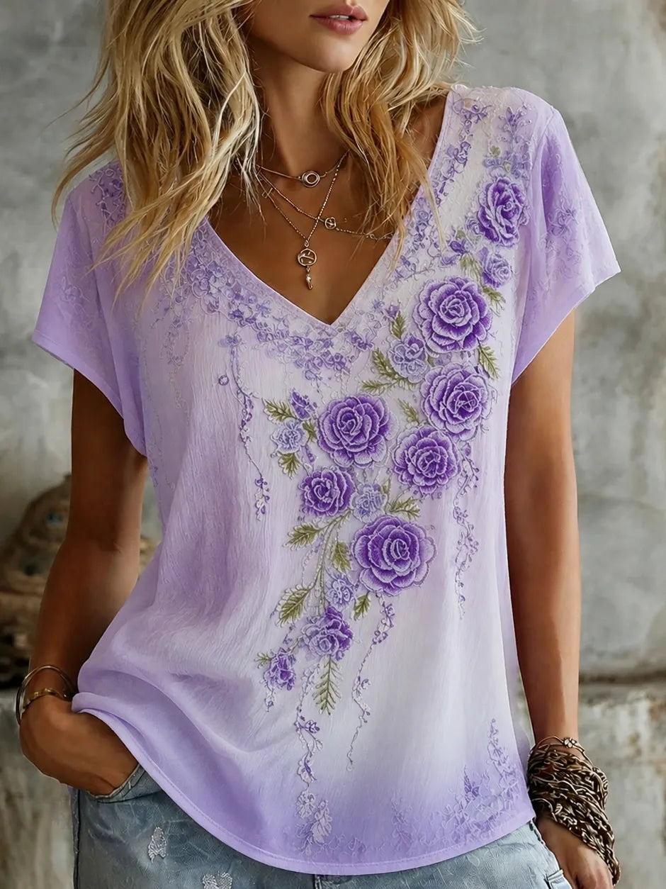 Women's Vintage Floral Art Flowy Linen Blend Casual Tops