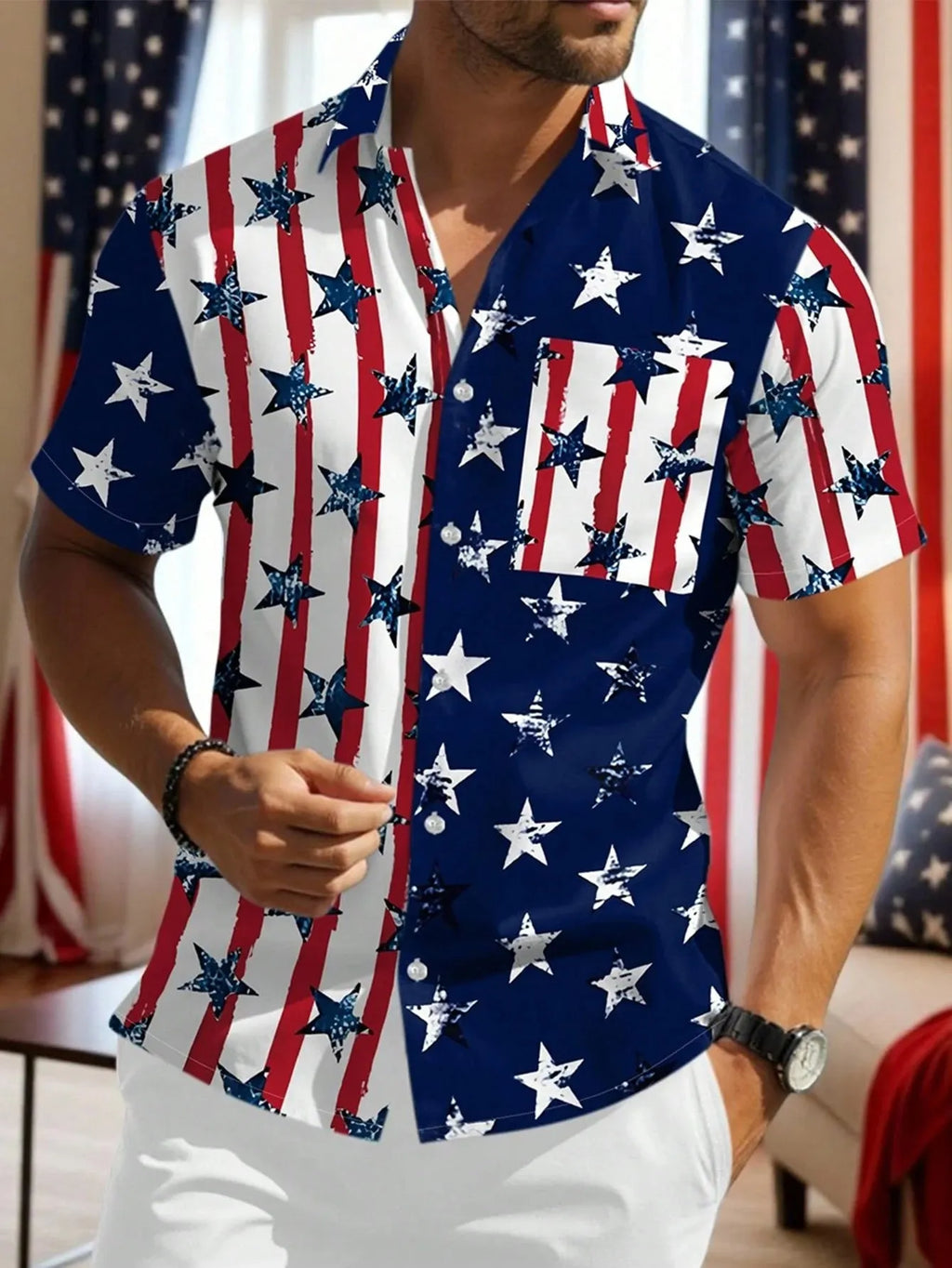 Men'S Short-Sleeve Ameica Flag  Button Up Shirt, Casual Party Shirt