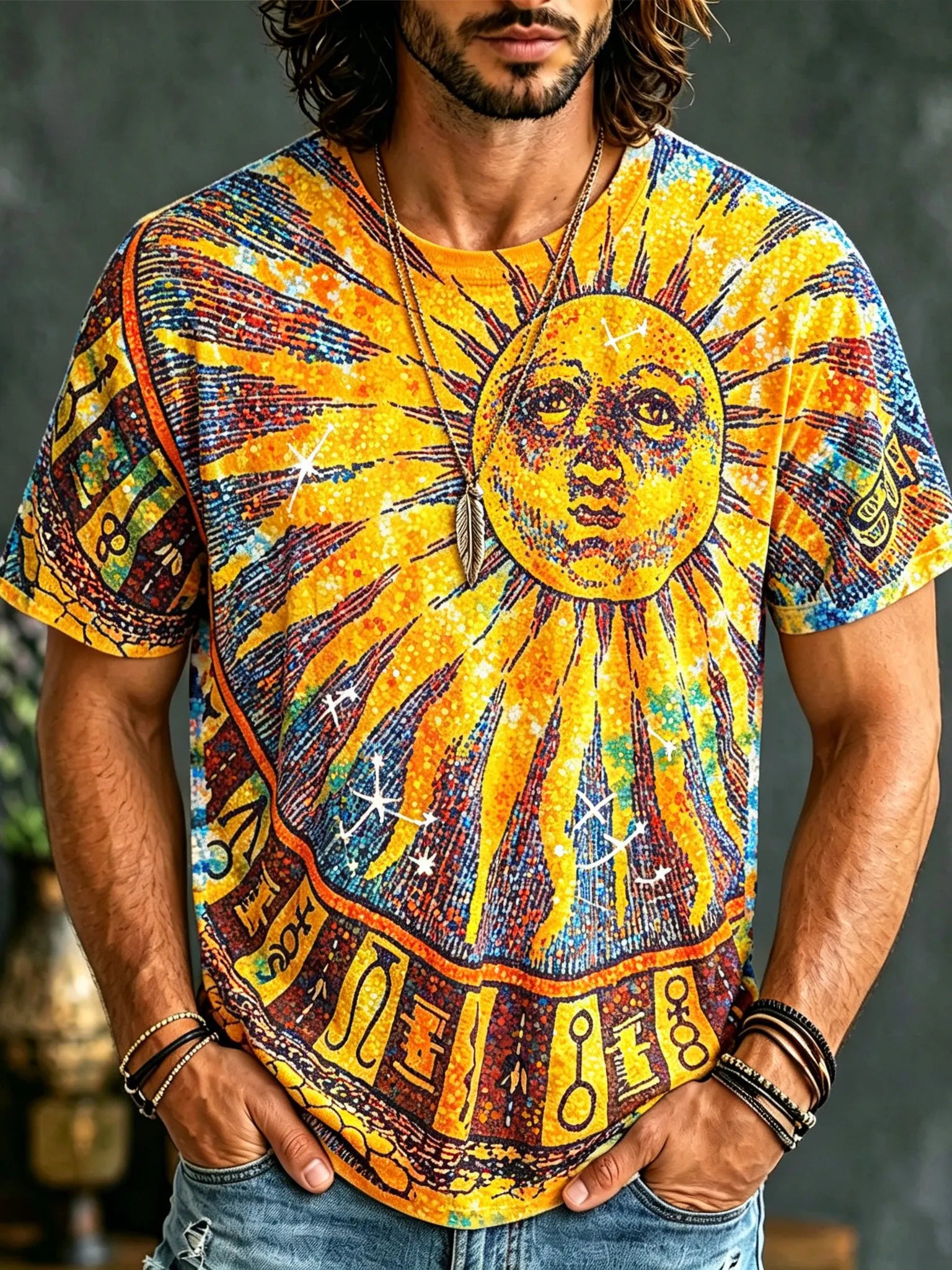 Men's Hippie Retro Tie-dye Sun Face Sequin Print T-shirt