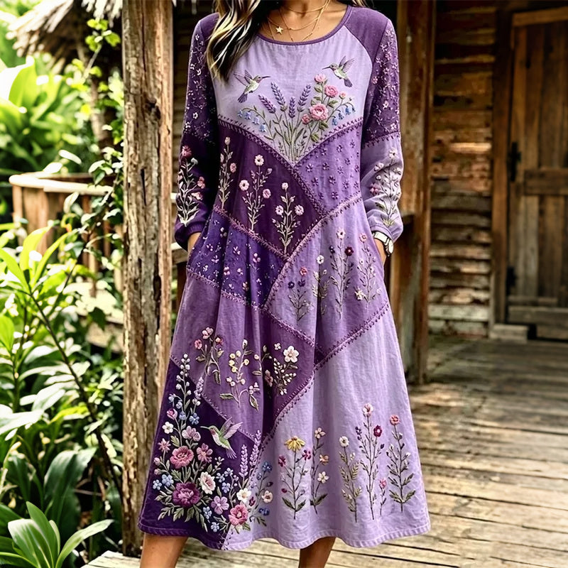 Women's  Retro Floral & Hummingbird Patchwork Art Casual Long-sleeved Dress
