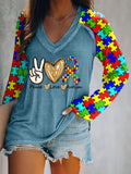 Women's Peace love Autism Printed V Neck Long Sleeve T-Shirt