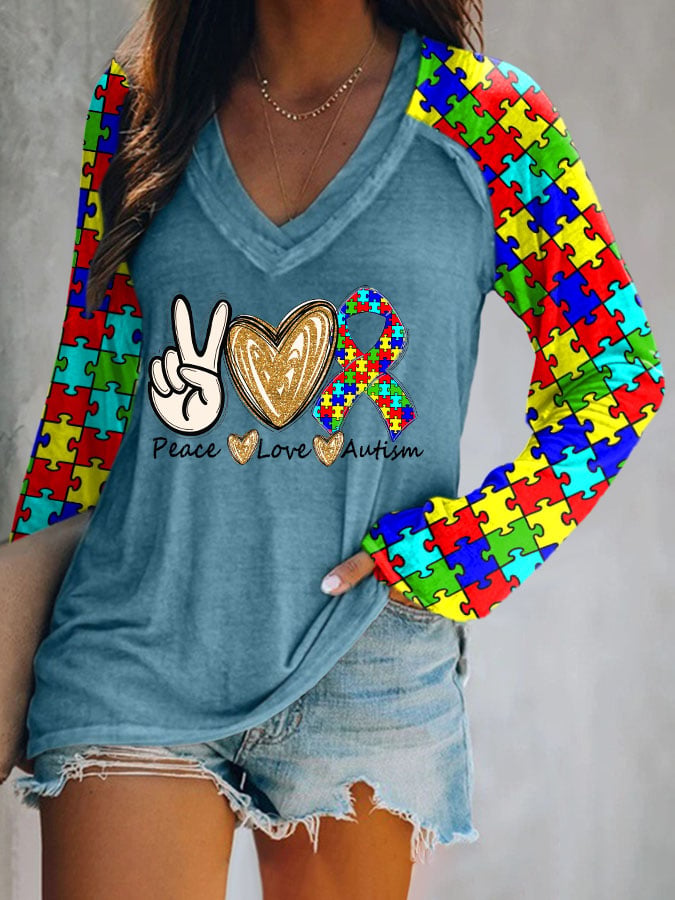 Women's Peace love Autism Printed V Neck Long Sleeve T-Shirt