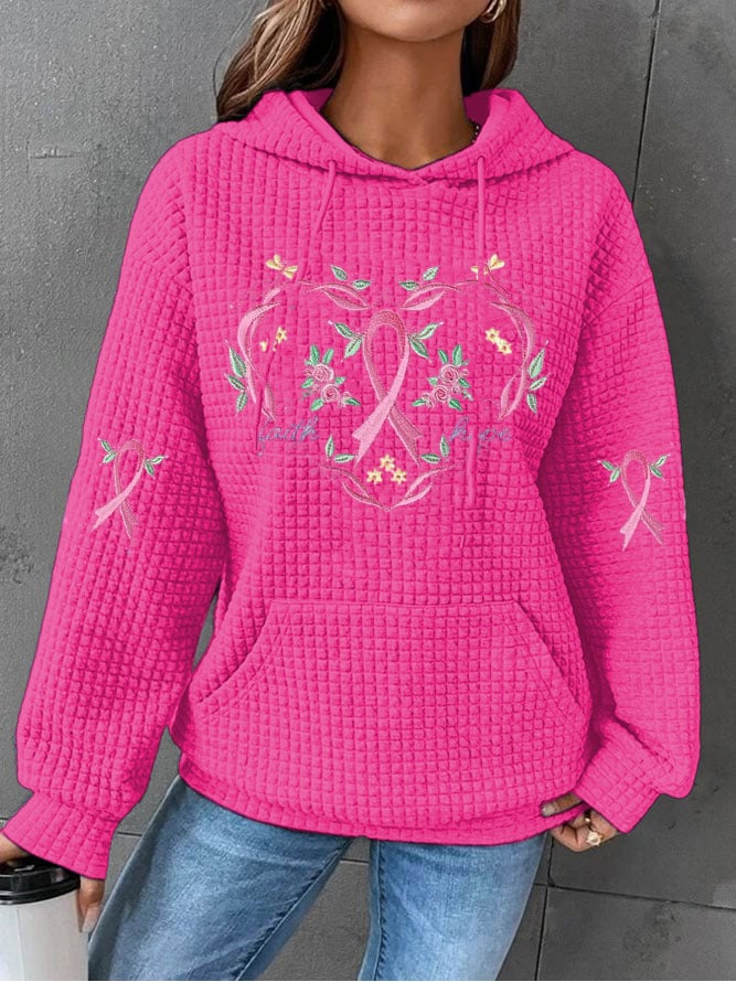 Women's Breast Cancer Pink Flower Print Casual Sweet Hooded Sweatshirt