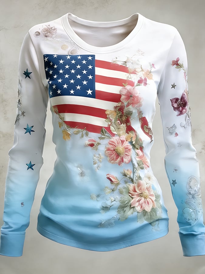 Women's 250th Anniversary American Flag Vintage Floral Print Long-Sleeve Top