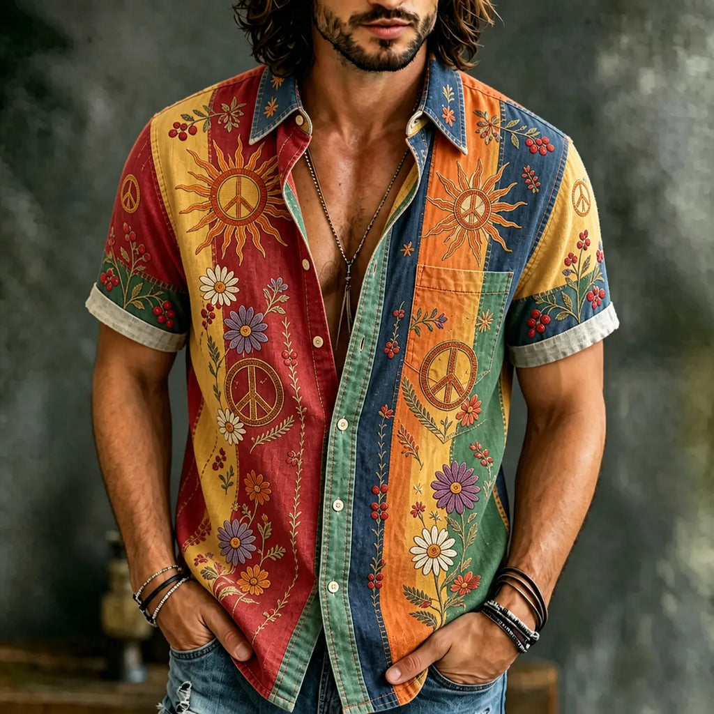 Men's Retro Hippie Floral Striped Color Block Print Cotton Linen Short-sleeve Shirt