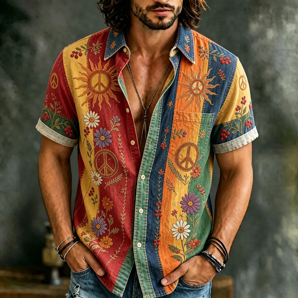 Men's Retro Hippie Floral Striped Color Block Print Cotton Linen Short-sleeve Shirt