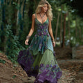 Women's Vintage Floral Embroidery Gradient Maxi Dress
