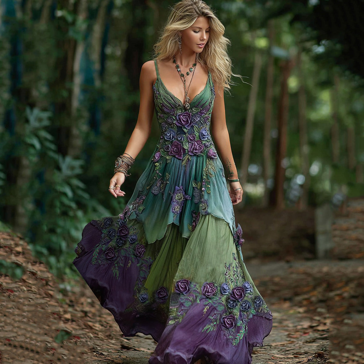 Women's Vintage Floral Embroidery Gradient Maxi Dress
