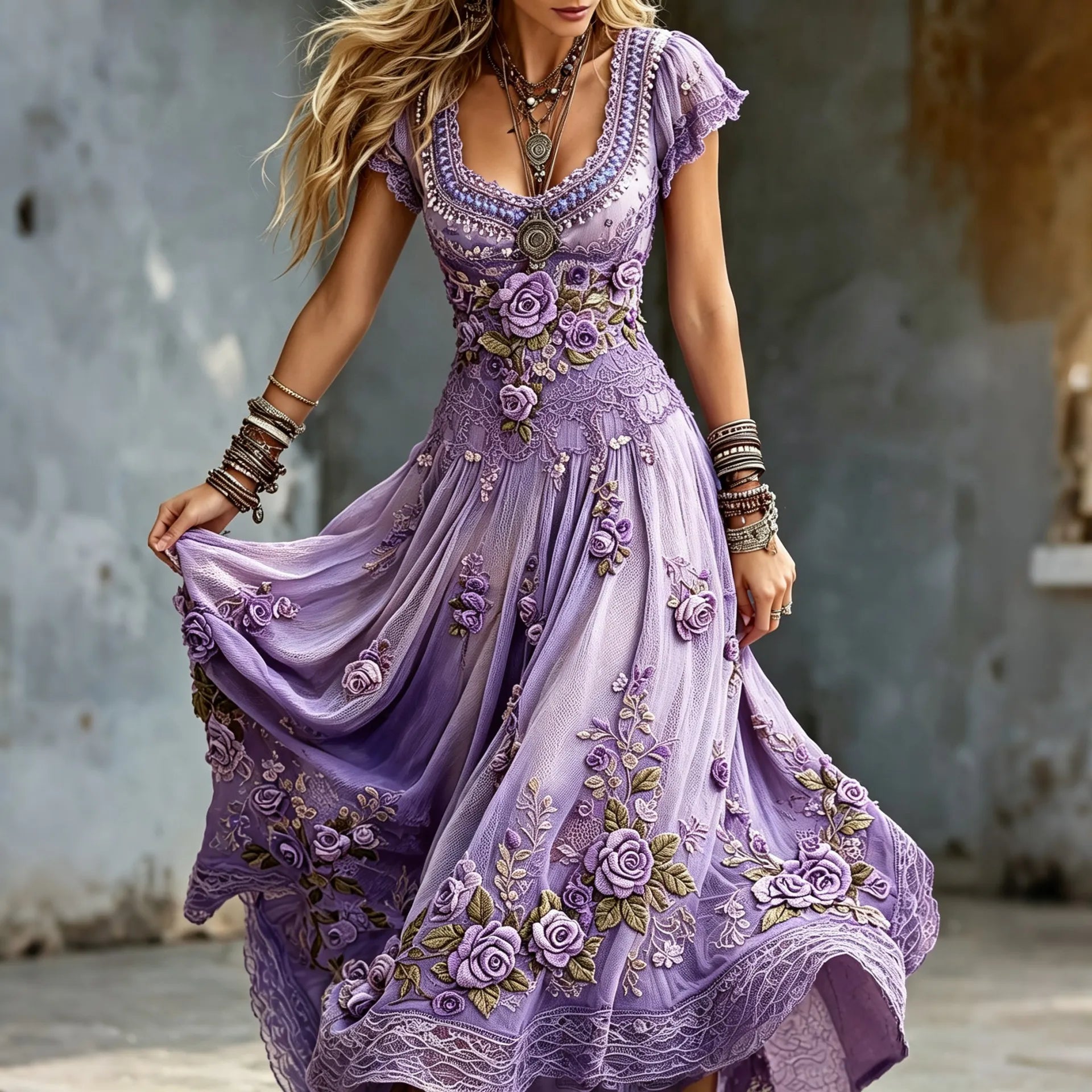 Women's Vintage Purple Floral Art Cotton Linen Short Sleeve Dress