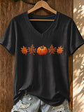 Women's Pumpkin Print V-Neck T-Shirt