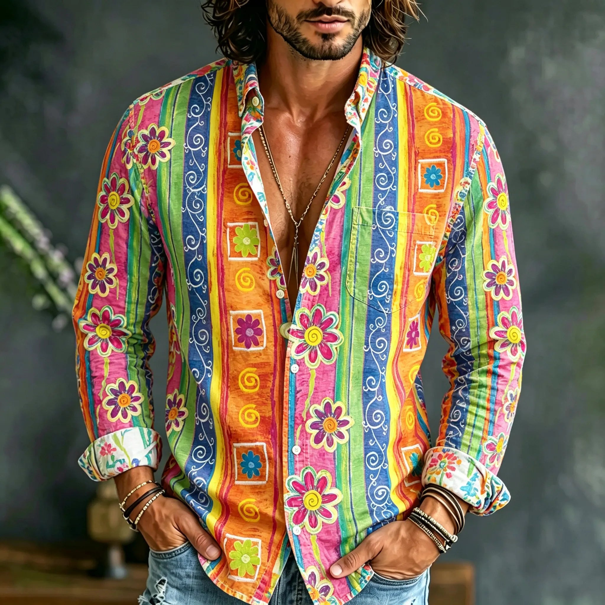 Men's Retro Striped Floral Print Cotton Linen Long-sleeve Shirt