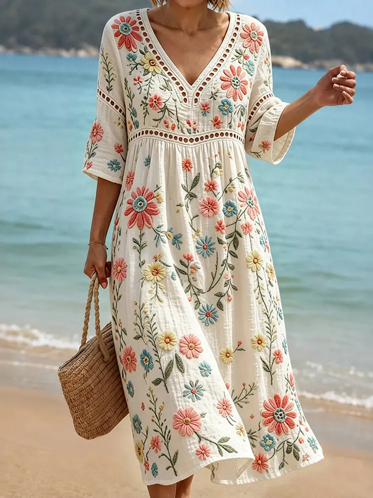 Women's Vintage Hippie Floral And Dragonfly In Patchwork Pattern Art Embroidered Linen Blend V Neck Mid-length Sleeve Dress