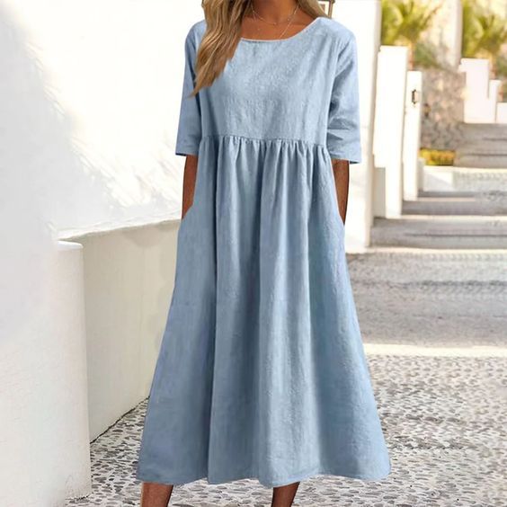 2025 spring and summer new round neck 5-quarter sleeve large size loose long cotton and linen dress