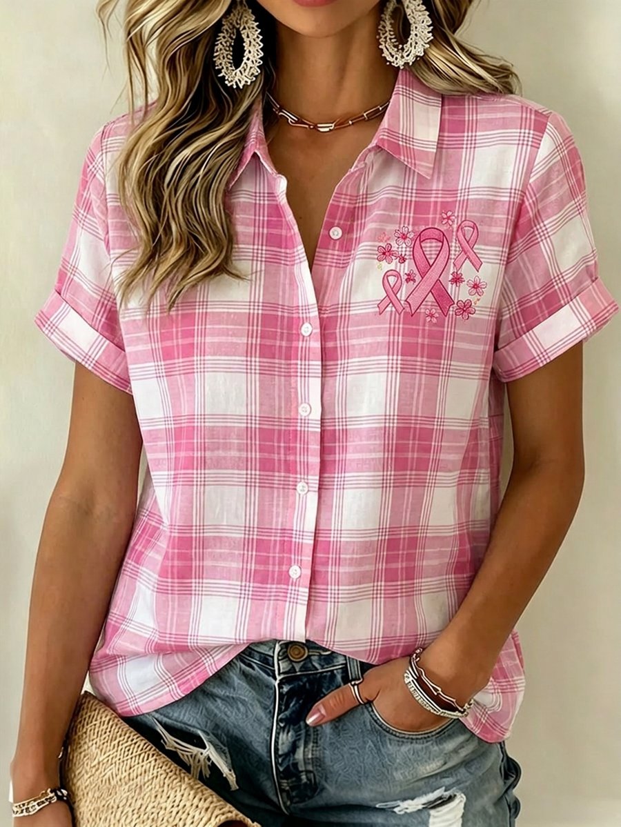 Women's Breast Cancer Awareness & Prevention Art Design Plaid Short-Sleeve Shirt