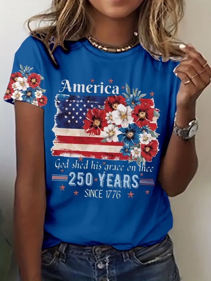 Women's 250th Anniversary National Flag Floral Print Casual T-Shirt