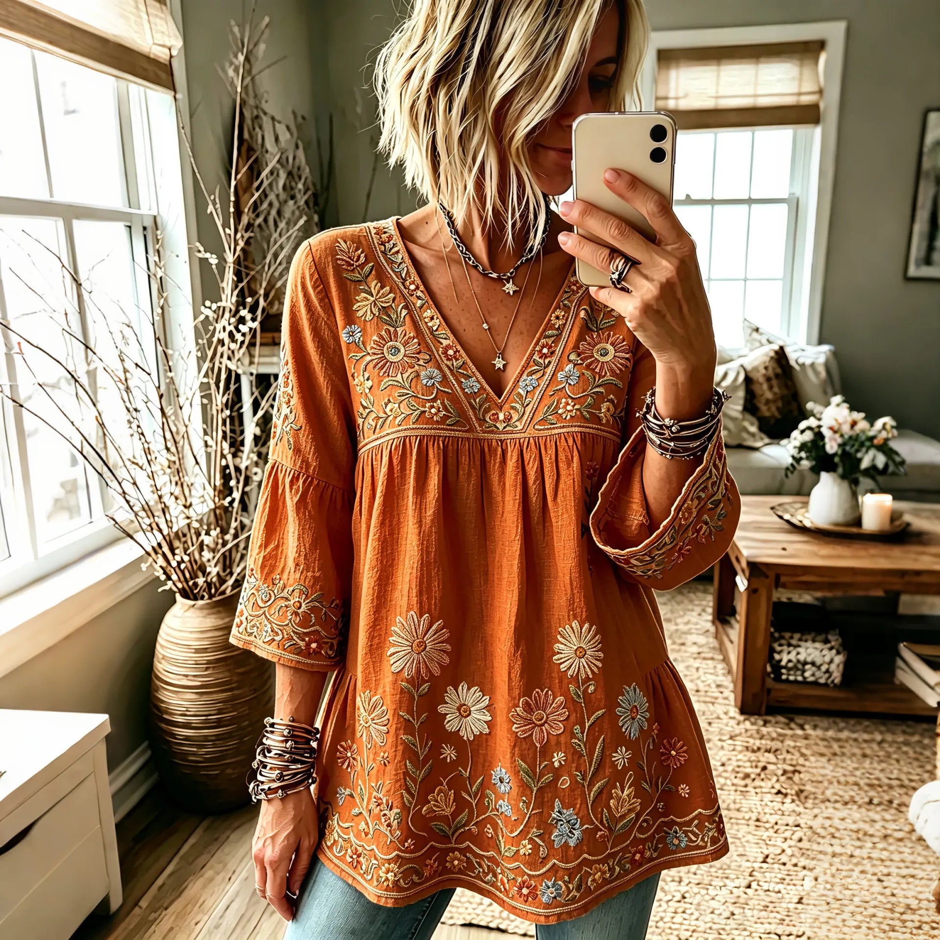 Women's Retro Hippie Floral And Dragonfly Art Flowy Linen Blend Three Quarter Sleeves T-shirt