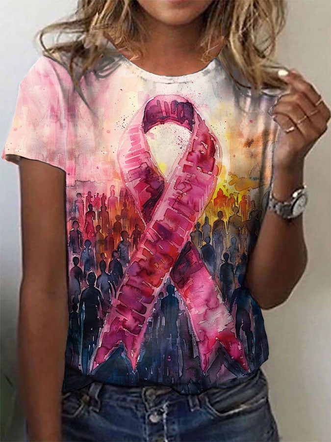 Women's Breast Cancer Pink Ribbon Print T-Shirt