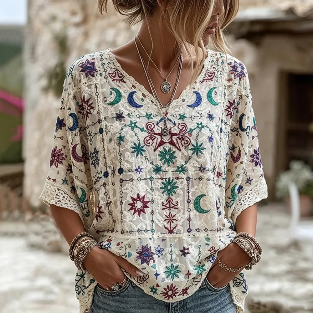 Boho-chic Women’s White Blouse With Mystic Celestial Embroidery