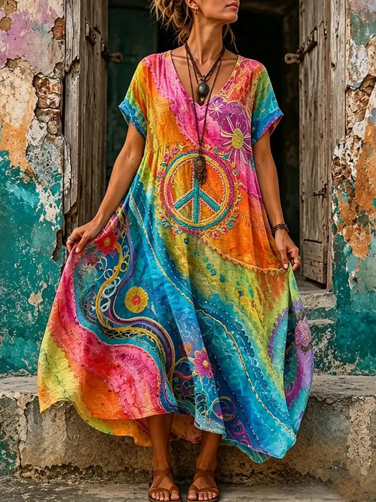 Women's Hippie Floral Peace Sign Tie Dye Art  Casual V Neck Linen Dress