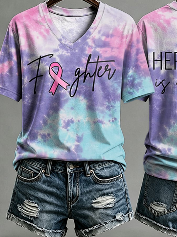 V-Neck Retro Breast Cancer Awareness Tie-Dye Fighter Pink Ribbon Her Fight Is Our Fight Print T-Shirt