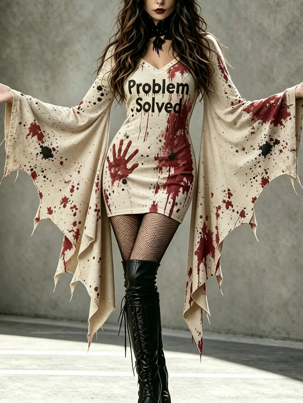 Women's Gothic With Problem Solved Batwing Flare Sleeve V Neck Bodycon Dress – Halloween Costume