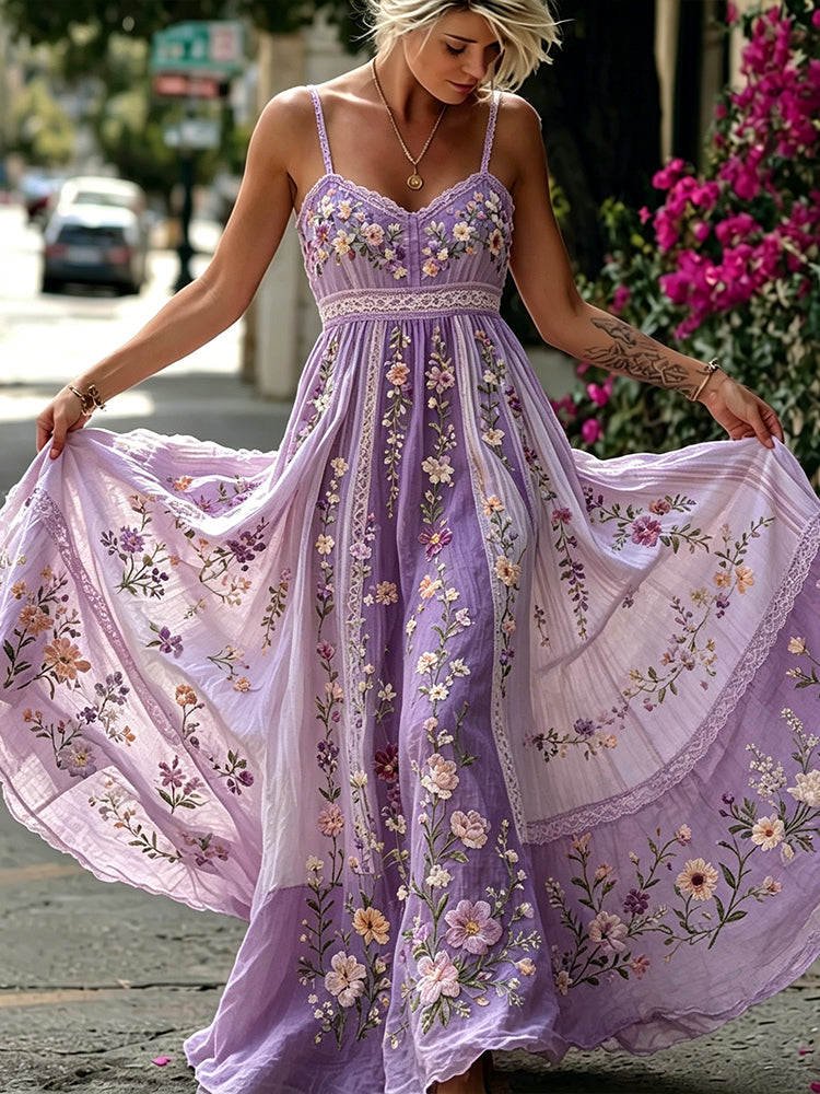 Women's Floral And Lace Art Splicing Washed Cotton Linen Casual Camisole Maxi Dress