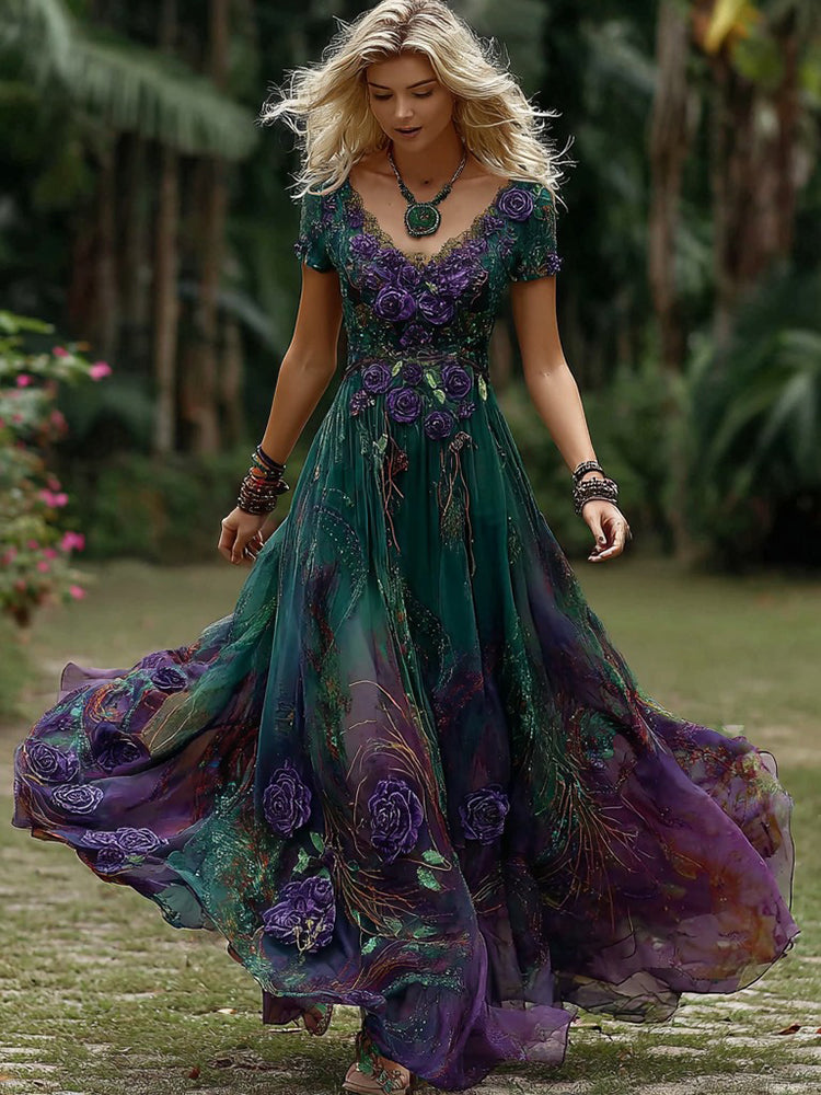 Women's Bohemian Rose Floral Pattern Casual Short-sleeve V-neck Dress