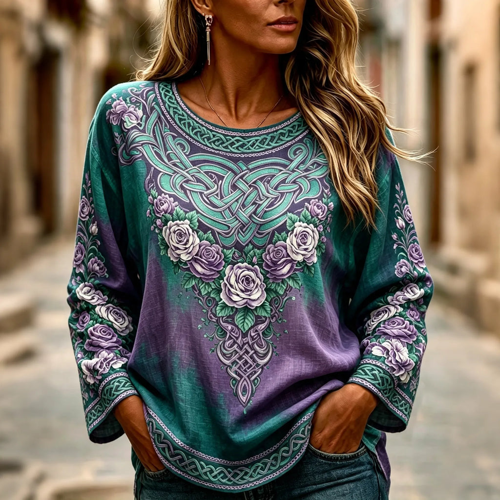 Women's Retro Celtic Knot Floral Gradient Pattern Casual T-shirt