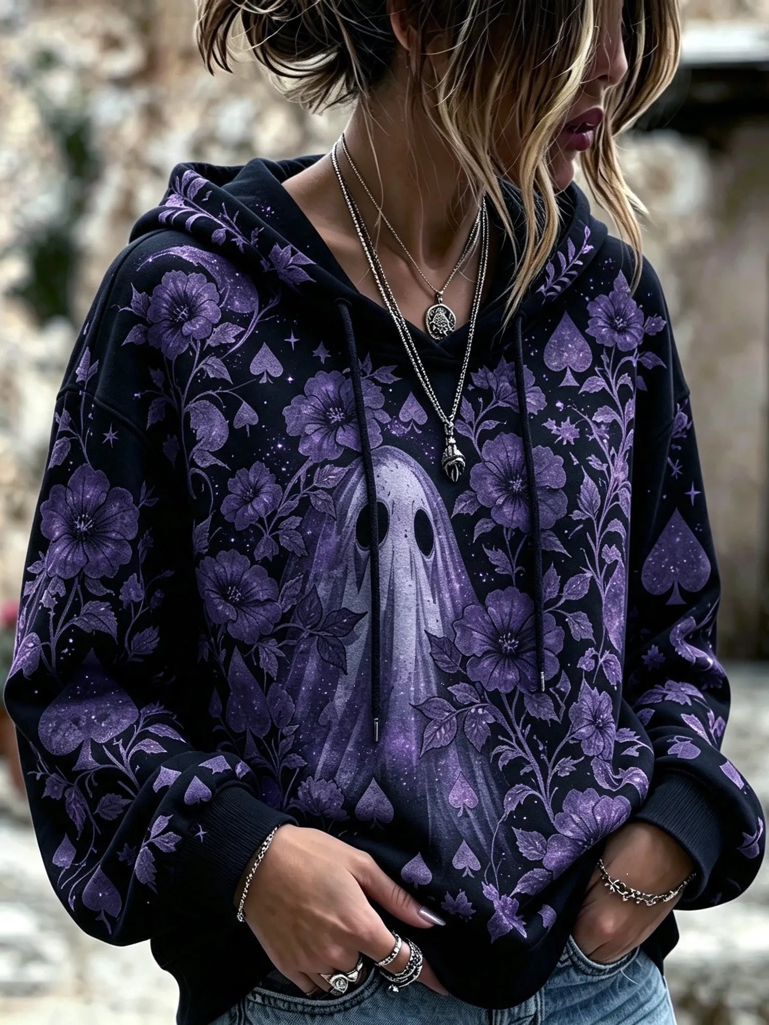 Women's Bohemian Halloween Ghost And Floral Print Hoodie