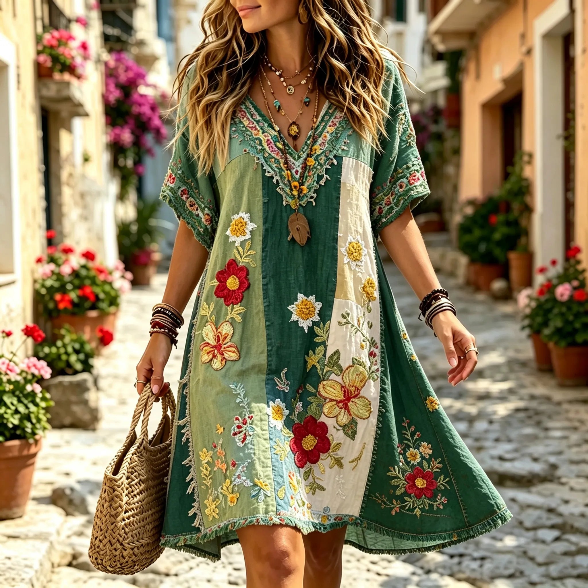 Women's Retro Floral Patchwork Art Cotton Linen Casual Dress