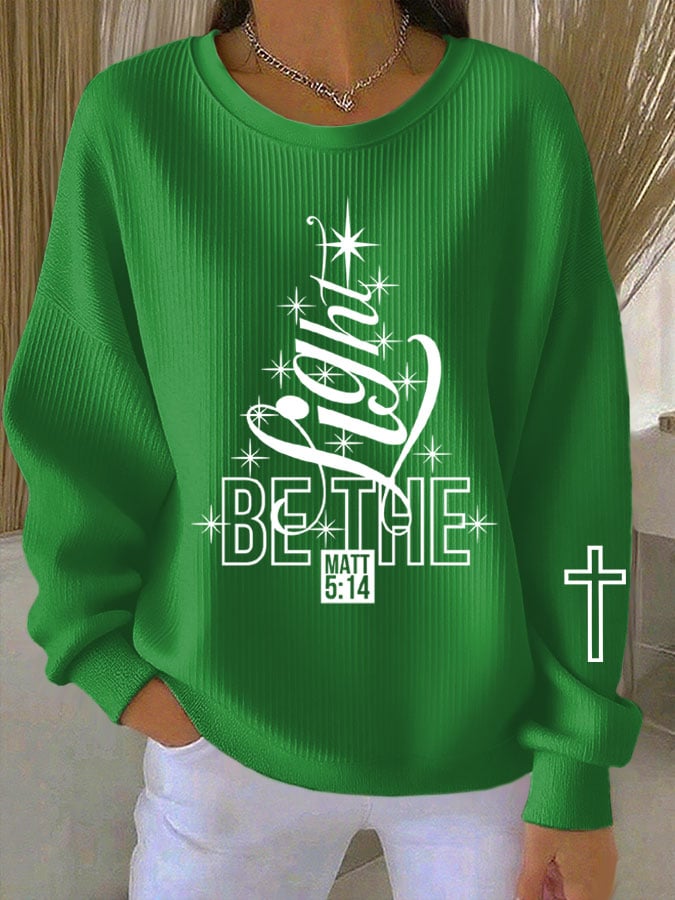 Women's Faith Tree BE THE LIGHT Christmas Knitted Crew Neck Long Sleeve Top
