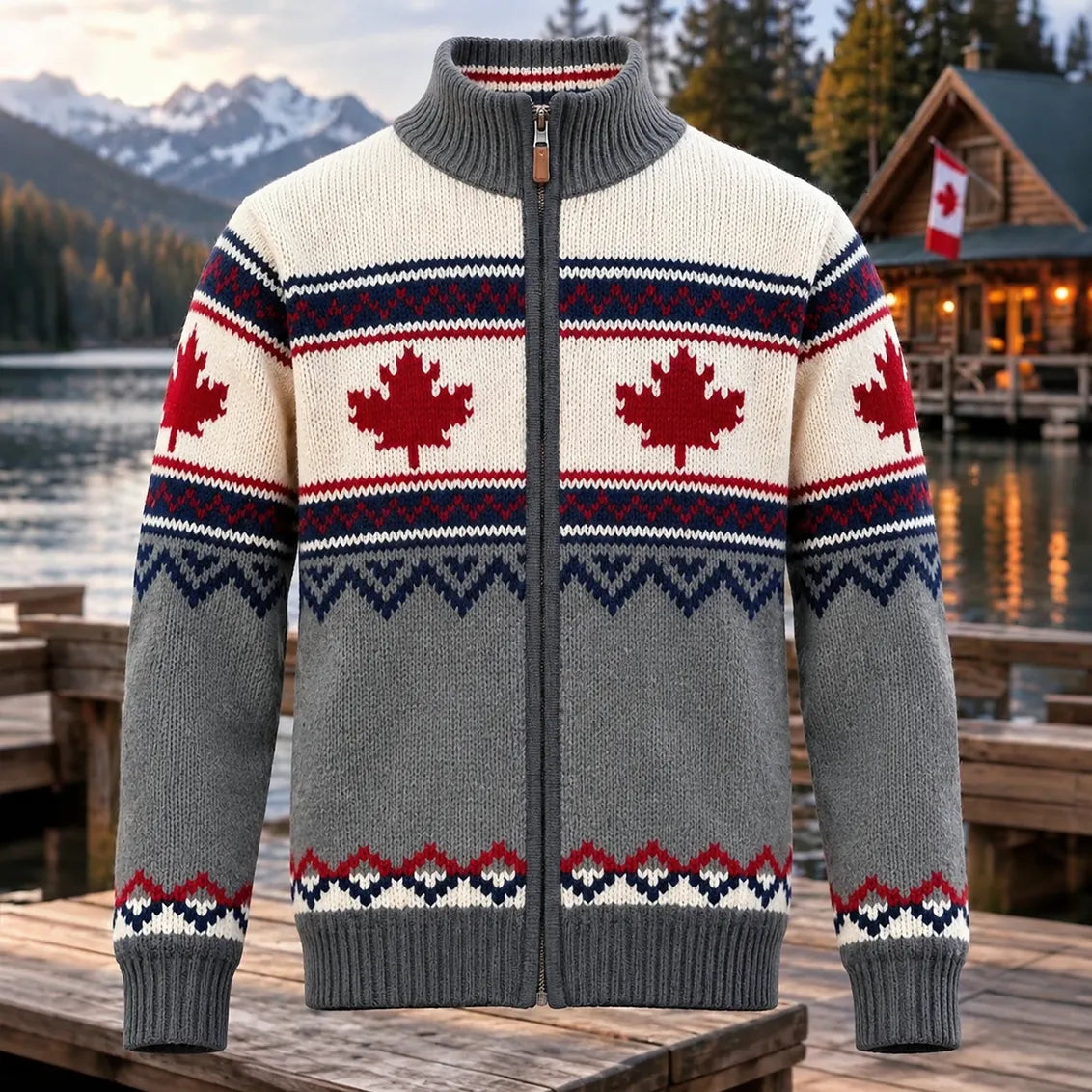 Men's Retro Style Maple Leaf Pattern Iceland Knit Cardigan